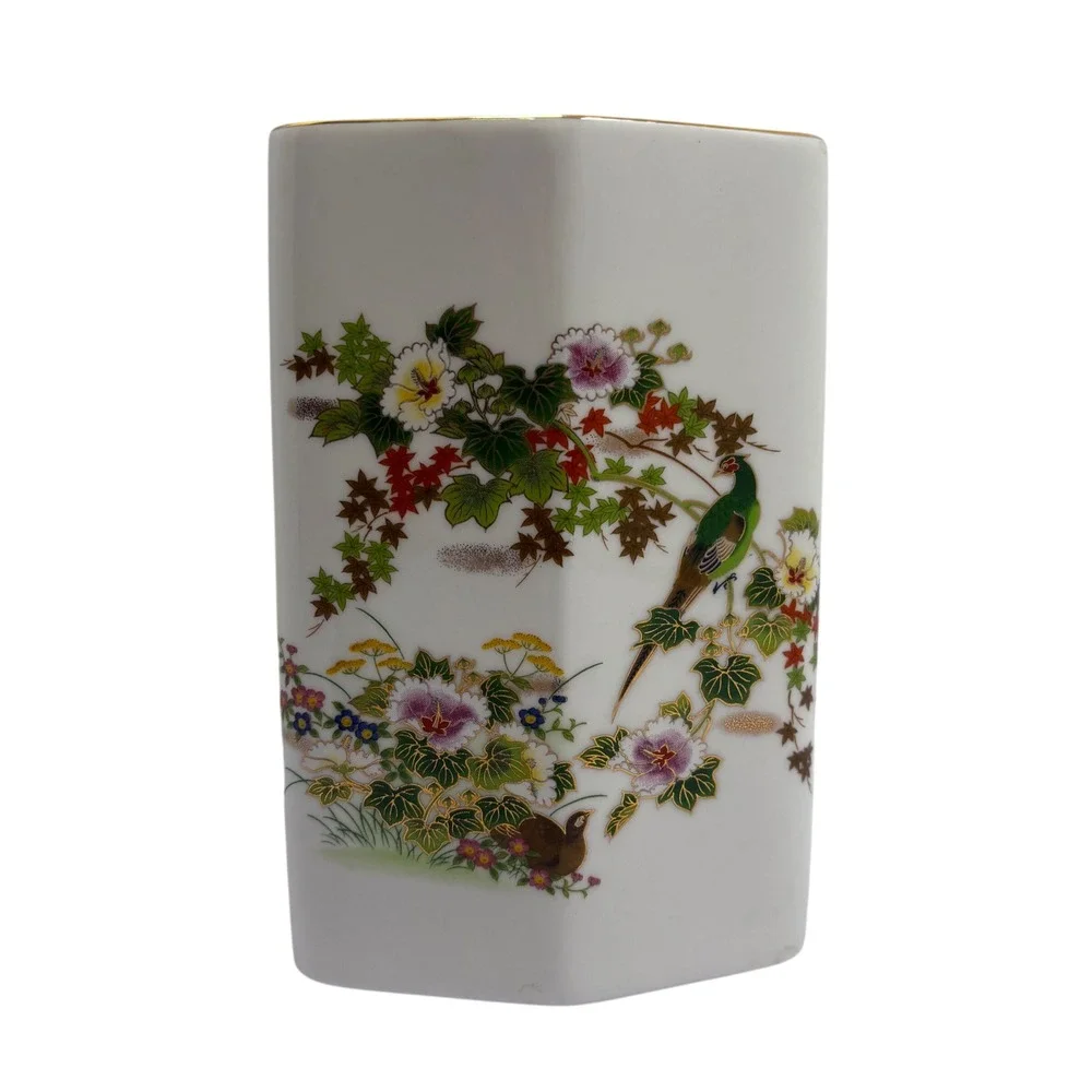 Vintage Japanese Porcelain Vase Bird‎ and Floral Gilt Trim Hexagon Diamond Shape